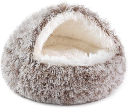 Cat Bed Round Soft Plush Burrowing Cave Hooded Cat Bed Donut for Dogs & Cats, Faux Fur Cuddler Round Comfortable Self Warming pet Bed, Machine Washable