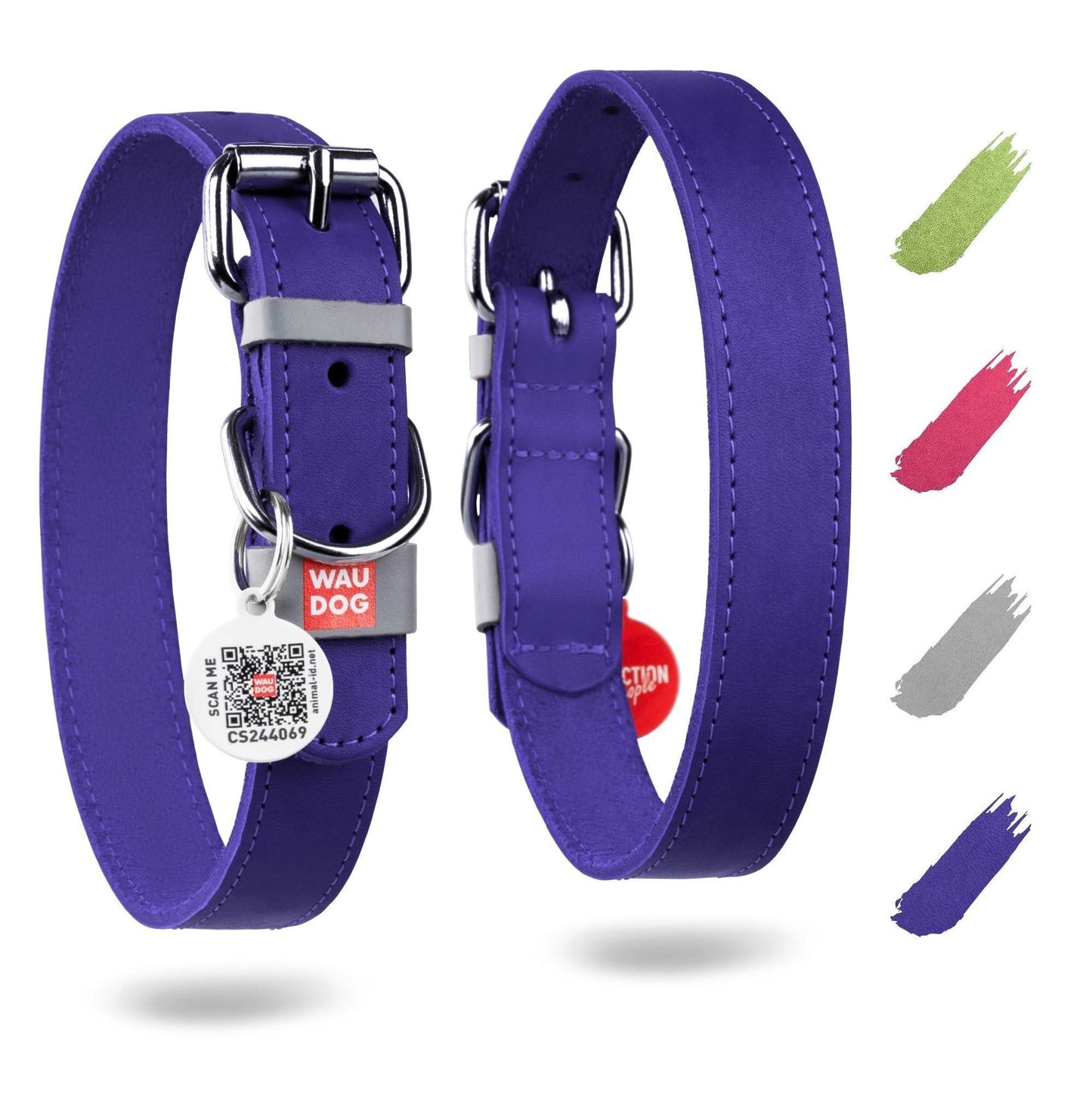 Purple Long Lasting Leather Dog Collar for Large Dogs Medium Small Dogs 15-20 inch Neck x 1 inch Wide Adjustable Classic Collars with Durable Buckle D Ring QR Dog Tag