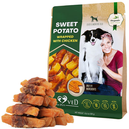 Dog Sweet Potato Wrapped with Chicken Pet Natural Chew Treats Grain Free Organic Meat Human Grade Dried Snacks in Bulk for Training for Small & Large Dogs Sweet Potato