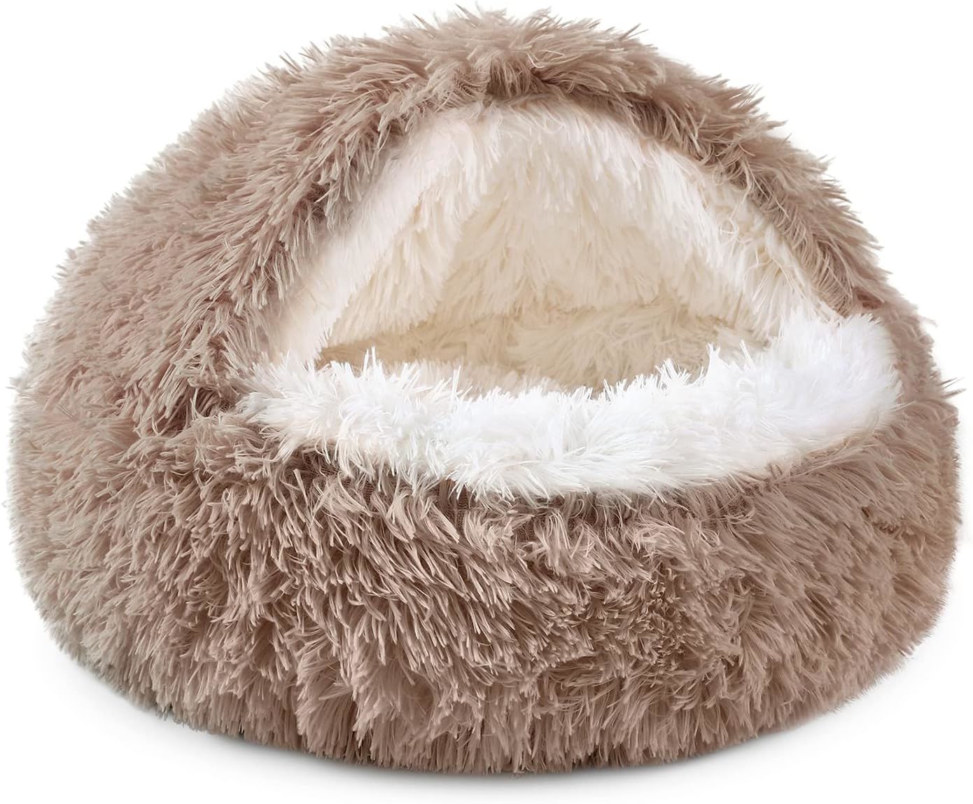 Cat Bed Round Soft Plush Burrowing Cave Hooded Cat Bed Donut for Dogs & Cats, Faux Fur Cuddler Round Comfortable Self Warming pet Bed, Machine Washable